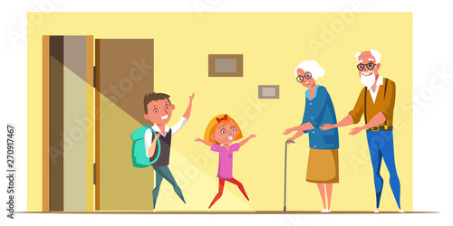 Kids visit grandparents flat vector illustration