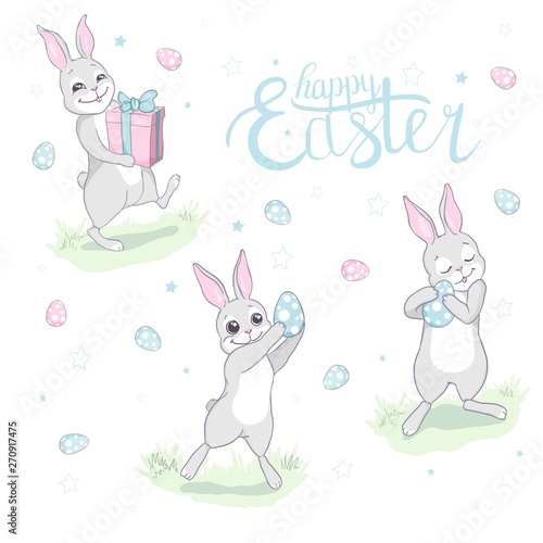 Cartoon little bunny holding Easter egg