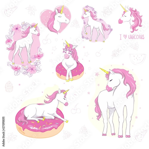 Vector cartoon unicorns, magic objects set. Unicorns walking puking rainbow, eating doughnut, skateboarding, playing with magic wand. Cloud, star with face emotions, headphones, smartphone, ice cream