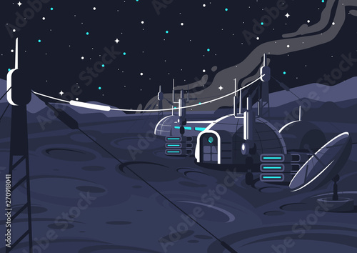 vector image of the space lunar orbital station, inhabited capsule module on the moon, communication with the earth, space house on the satellite