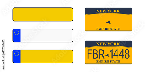 Registration plates vechicle registration plates of Europe and Great Britain United Kingdom with shadows. New York.
