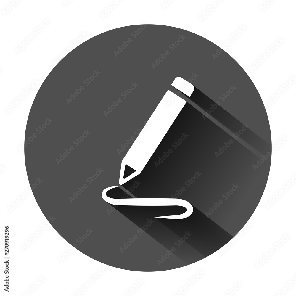 Pencil notepad icon in flat style. Document write vector illustration on black round background with long shadow. Pen drawing business concept. Pencil notepad icon in flat style. Document write vector illustration on black round background with long shadow. Pen drawing business concept.