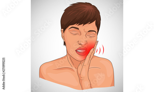 Illustration of toothache shown on a woman face with red designation 