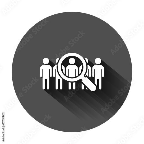 Search job vacancy icon in flat style. Loupe career vector illustration on black round background with long shadow. Find employer business concept.