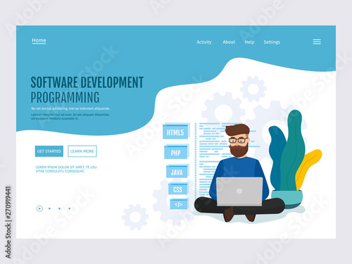 Programming and software concept. Vector illustration the young programmer engineer coding new project. Landing page template. Flat vector modern illustration.