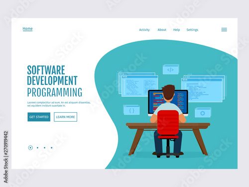 Engineer programmer is working at the desk. Vector illustration isolated on white background. Landing page template. Flat vector modern illustration.