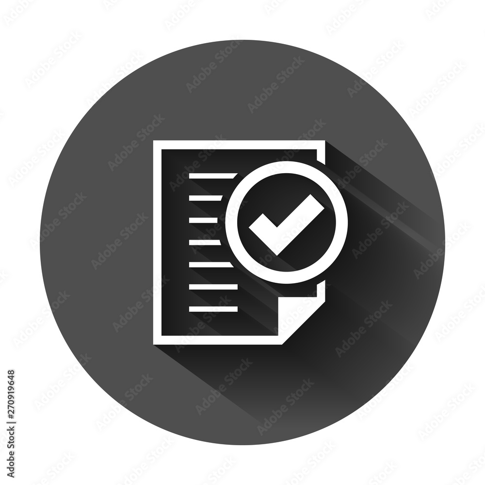 Compliance document icon in flat style. Approved process vector illustration on black round background with long shadow. Checkmark business concept. Compliance document icon in flat style. Approved process vector illustration on black round background with long shadow. Checkmark business concept.
