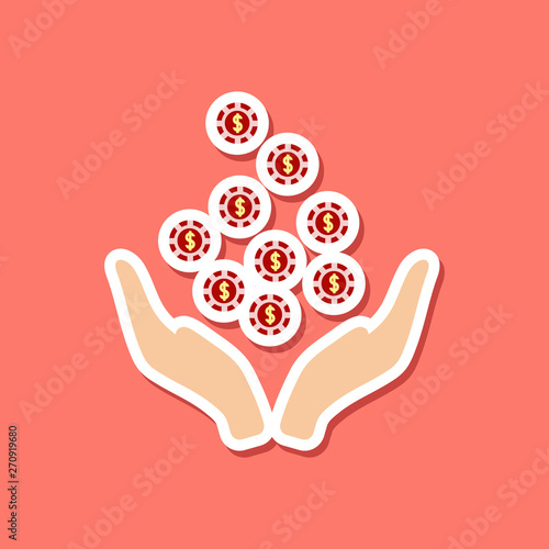 paper sticker on stylish background coins in hand