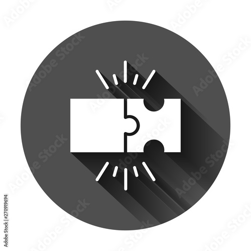 Puzzle compatible icon in flat style. Jigsaw agreement vector illustration on black round background with long shadow. Cooperation solution business concept.