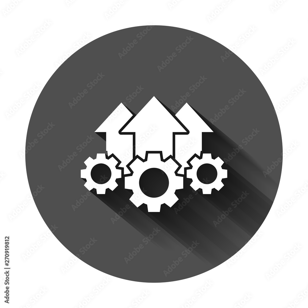 Operation project icon in flat style. Gear process vector illustration on black round background with long shadow. Technology produce business concept. Operation project icon in flat style. Gear process vector illustration on black round background with long shadow. Technology produce business concept.