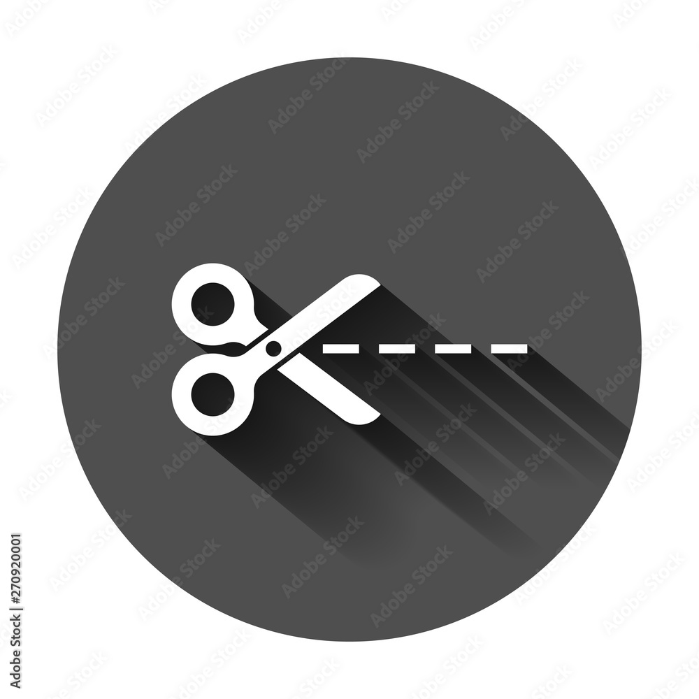 Cut lines icon in flat style. Scissors snip vector illustration on black round background with long shadow. Cut lines icon in flat style. Scissors snip vector illustration on black round background with long shadow.