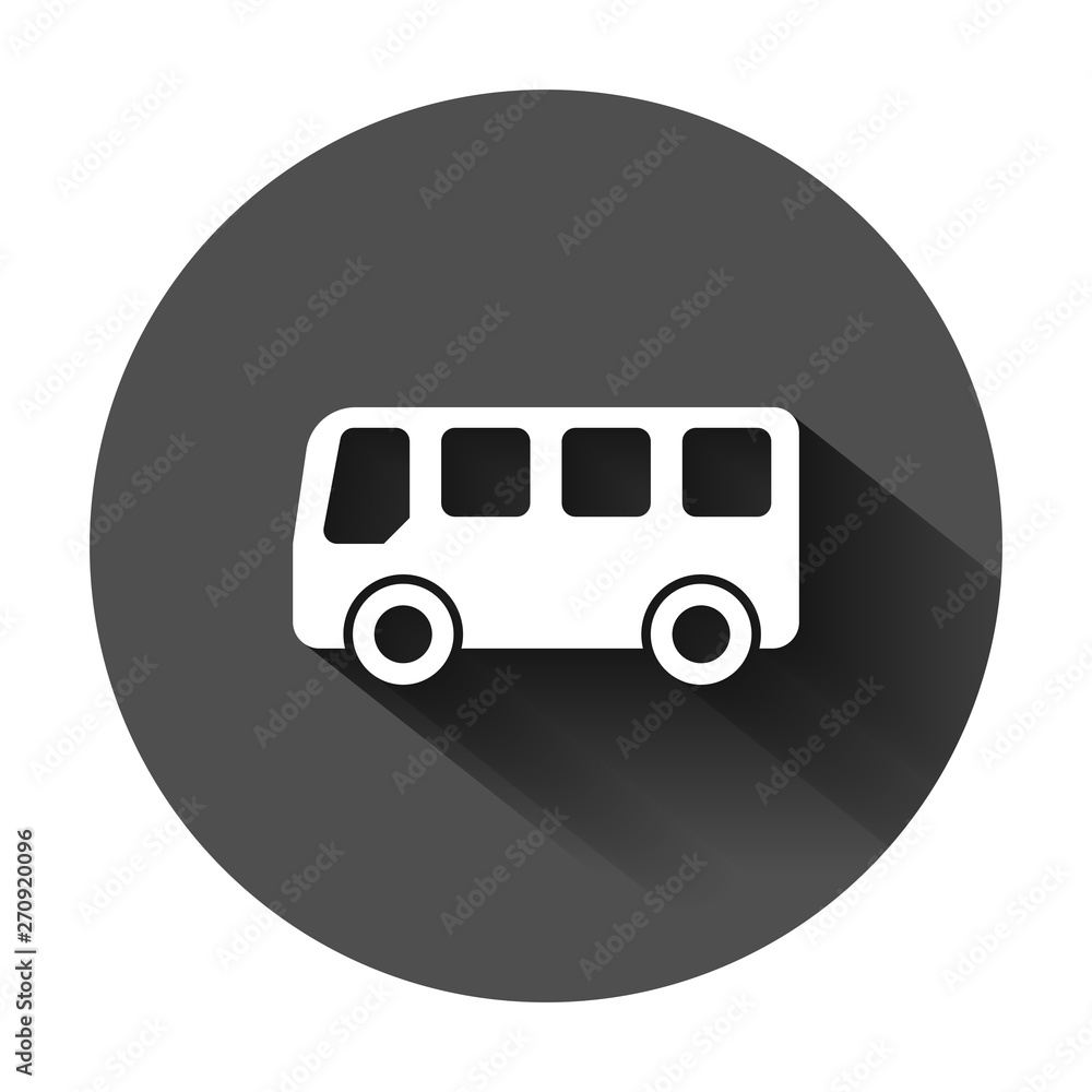School bus icon in flat style. Autobus vector illustration on black round background with long shadow. Coach transport business concept. School bus icon in flat style. Autobus vector illustration on black round background with long shadow. Coach transport business concept.