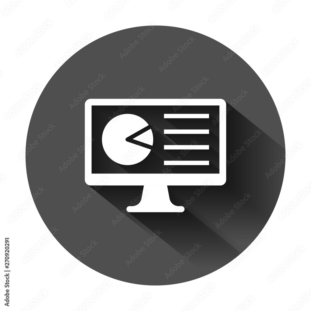 Analytic monitor icon in flat style. Diagram vector illustration on black round background with long shadow. Statistic business concept.