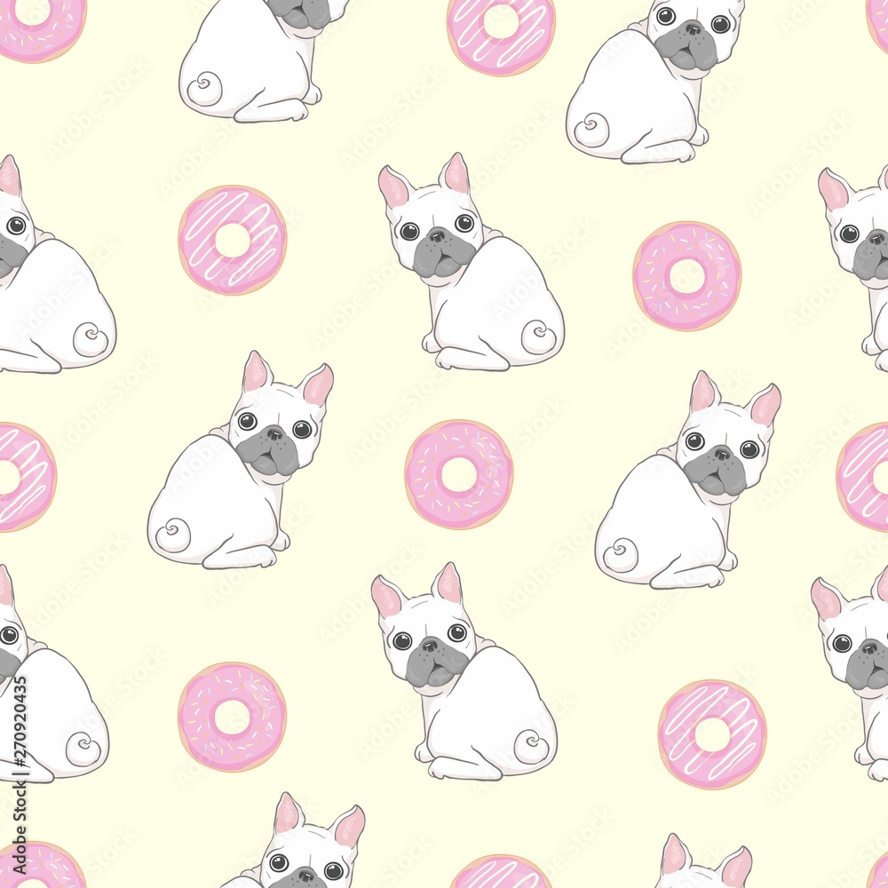 Pink seamless pattern with funny pug and donut.