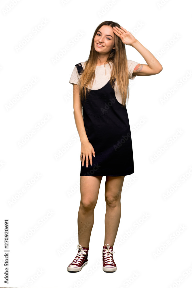 Full body Young pretty woman saluting with hand on isolated background Full body Young pretty woman saluting with hand on isolated background