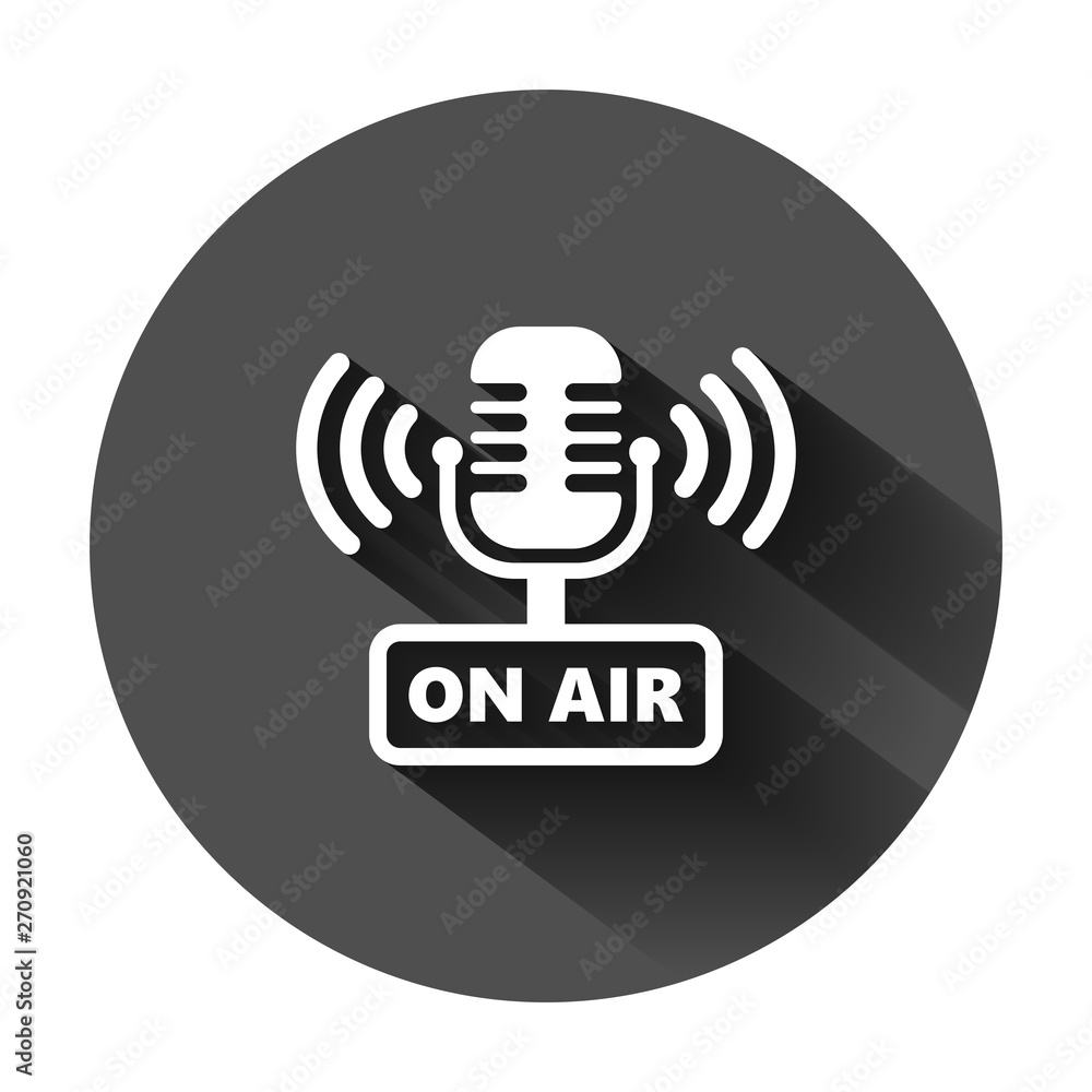 Microphone icon in flat style. Live broadcast vector illustration on black round background with long shadow. On air business concept. Microphone icon in flat style. Live broadcast vector illustration on black round background with long shadow. On air business concept.
