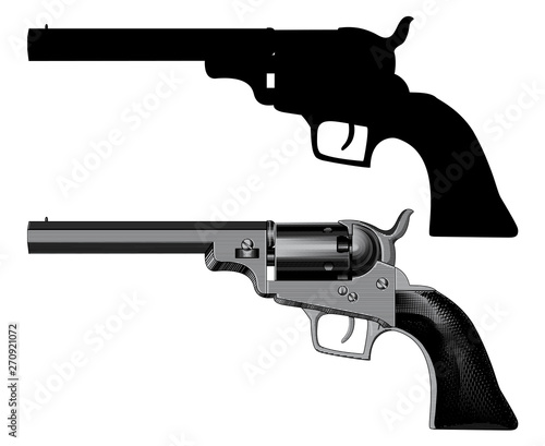 Fotografie, Obraz Gun revolver handgun six shooter pistol drawing in a vintage retro woodcut etche