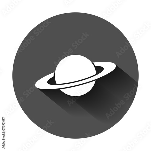 Saturn icon in flat style. Planet vector illustration on black round background with long shadow. Galaxy space business concept.