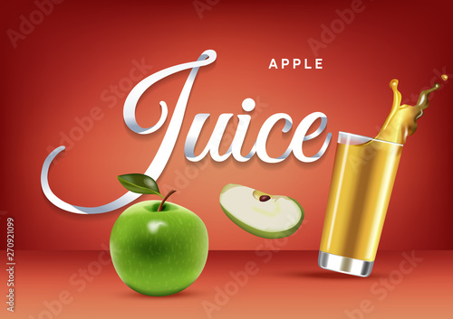 Vector realistic isolated illustration of apple and apple juice in glass. Ad poster with 3d effect of fresh beverage with splash. Healthy organic apple fruit and juice on red background.