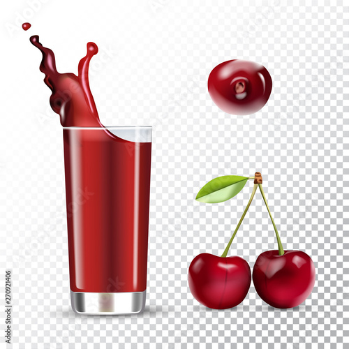 Vector realistic isolated illustration of cherry and cherry juice in glass. Ad poster with 3d effect of fresh beverage with splash. Healthy organic cherry berry and juice on transparent background.