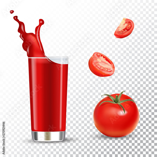 Vector realistic isolated illustration of tomato juice in glass and tomato fruits. Ad poster with 3d effect of fresh beverage with splash. Healthy organic tomatoes and juice on transparent background.