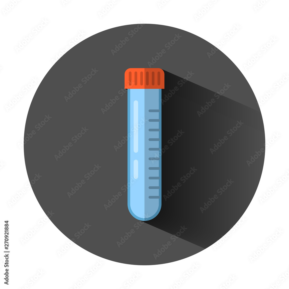 Chemistry beakers sign icon in flat style. Flask test tube vector illustration on black round background with long shadow. Alchemy business concept. Chemistry beakers sign icon in flat style. Flask test tube vector illustration on black round background with long shadow. Alchemy business concept.