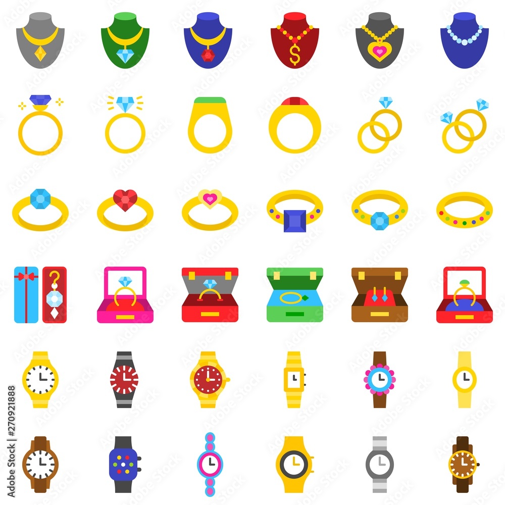 Accessories and Jewelry vector icon set, flat style
