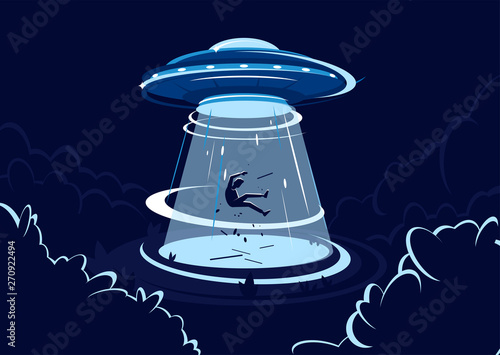 vector illustration of ufo flying saucer, kidnapping, unidentified flying object in the air
