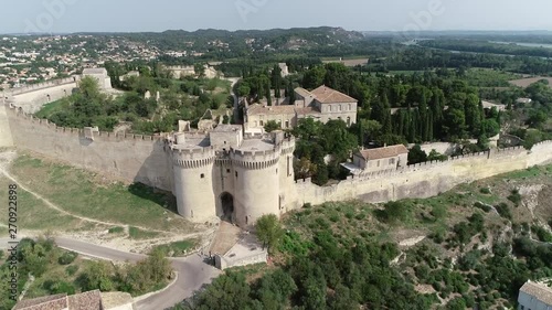 Aerial flight over the Fort Saint André entrance is a medieval fortress in the commune of Villeneuve lès Avignon in the Gard département of France dating from the first half of the 14th century 4k photo