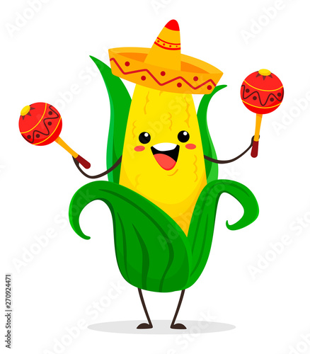 Corn. Cute funny corn with maracas and sombrero in cartoon kawai  style. Vector isolate on white background.Mexican culture