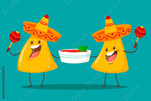Funny characters Nachos with tomato salsa sauce. Nice mexican food.Nachos chips in sombreros and maracas hats. Vector illustration.