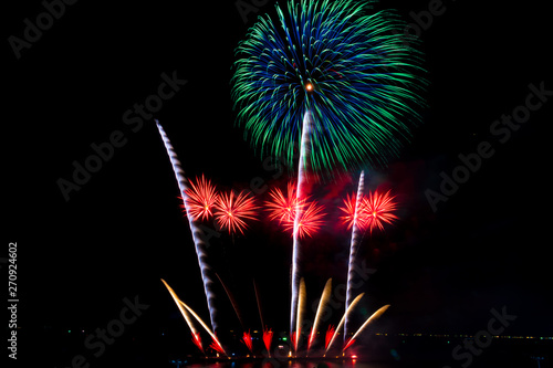 Colorful fireworks on the black sky background at pattaya international fireworks festival 2018. Thailand.