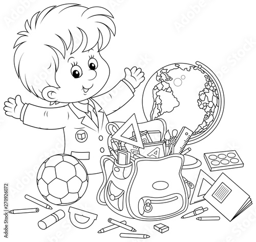 Smiling little schoolboy with rules, textbooks, exercise books, pencils, pens, a football, a globe and a school bag, black and white vector illustration in a cartoon style
