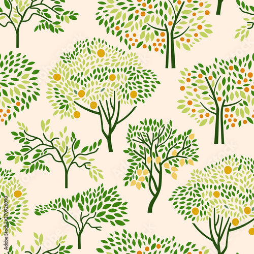 Seamless pattern with citrus trees mandarin, orange, lemon. Surface design. Vector illustration.