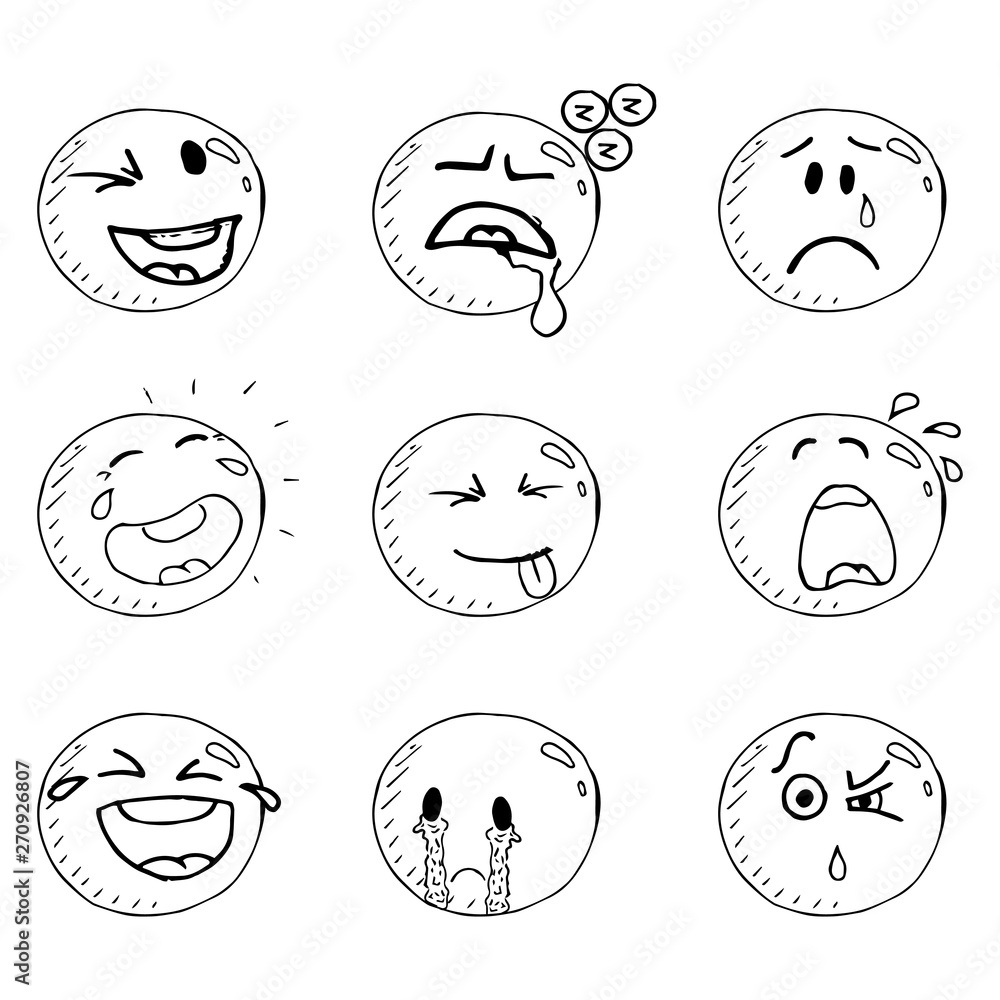 Smiling face icon. Face with a smile. Vector illustration set of emoticons with different emotions. Hand drawn set of emoticons. Smiling face icon. Face with a smile. Vector illustration set of emoticons with different emotions. Hand drawn set of emoticons.