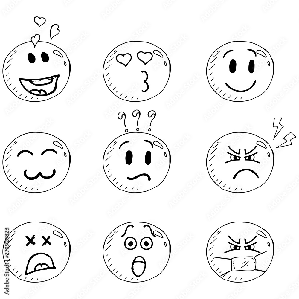 Smiling face icon. Face with a smile. Vector illustration set of emoticons with different emotions. Hand drawn set of emoticons. Smiling face icon. Face with a smile. Vector illustration set of emoticons with different emotions. Hand drawn set of emoticons.