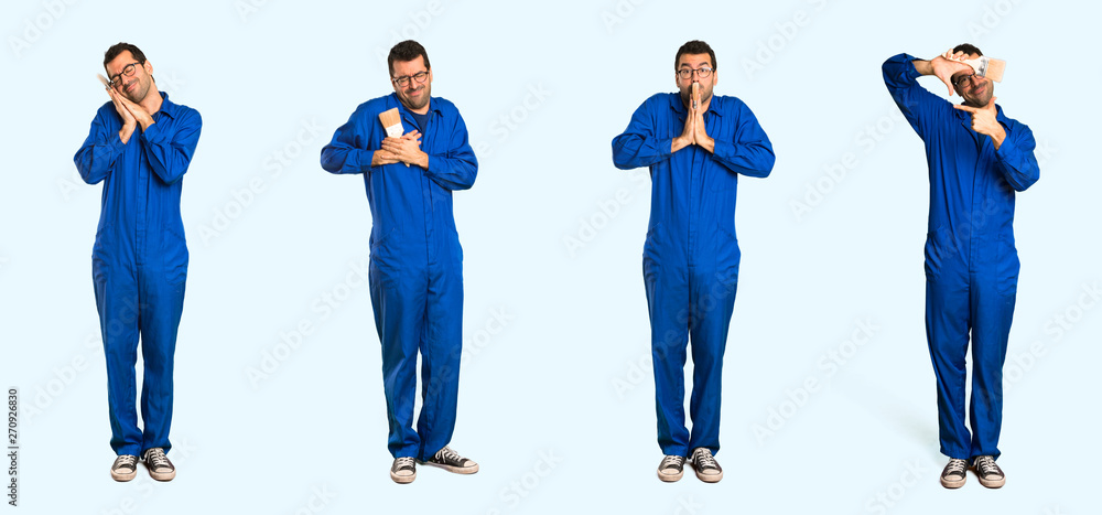 Fototapeta premium Set of painter man over isolated blue background