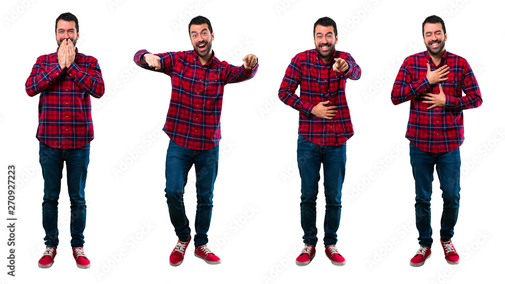 Fototapeta premium Set of Handsome man pointing with finger at someone and laughing a lot