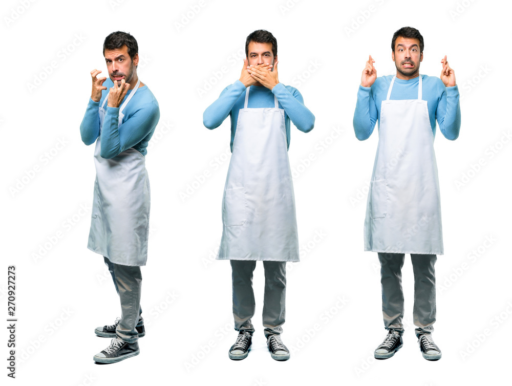 Set of Man wearing an apron covering mouth, frustrated and crossing fingers
