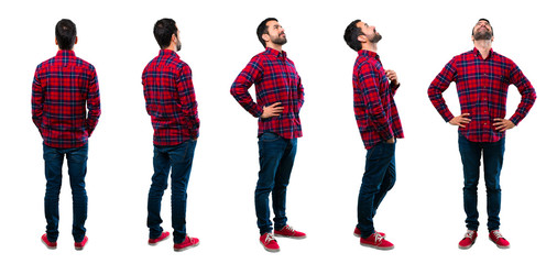 Set of Handsome man standing and looking to the side, back and up