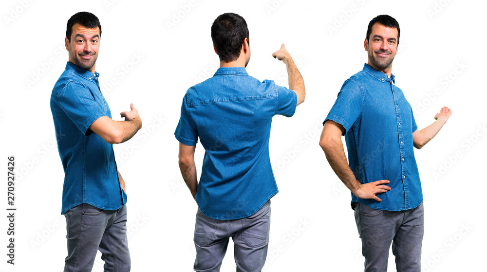 Set of Handsome man with blue shirt pointing back with the index finger Set of Handsome man with blue shirt pointing back with the index finger
