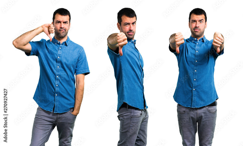 Obraz premium Set of Handsome man with blue shirt showing thumb down sign with negative expression