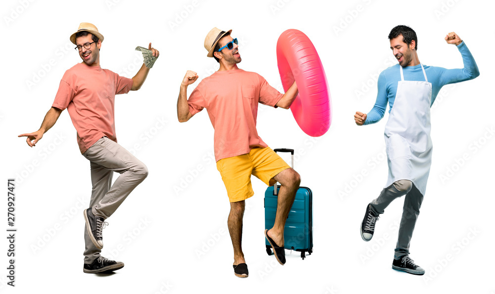 Group of man with bills, chef and Man with hat and sunglasses on his summer vacation enjoy dancing while listening to music at a party