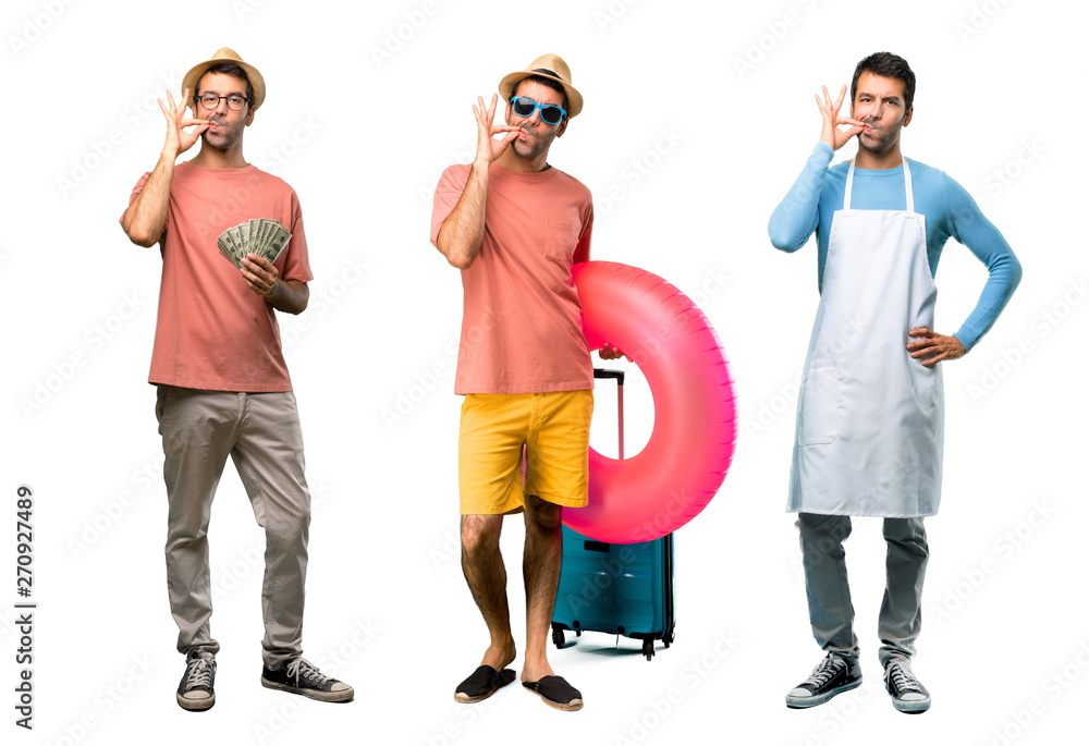 Group of man with bills, chef and Man with hat and sunglasses on his summer vacation showing a sign of closing mouth and silence gesture doing like closing his mouth with a zipper