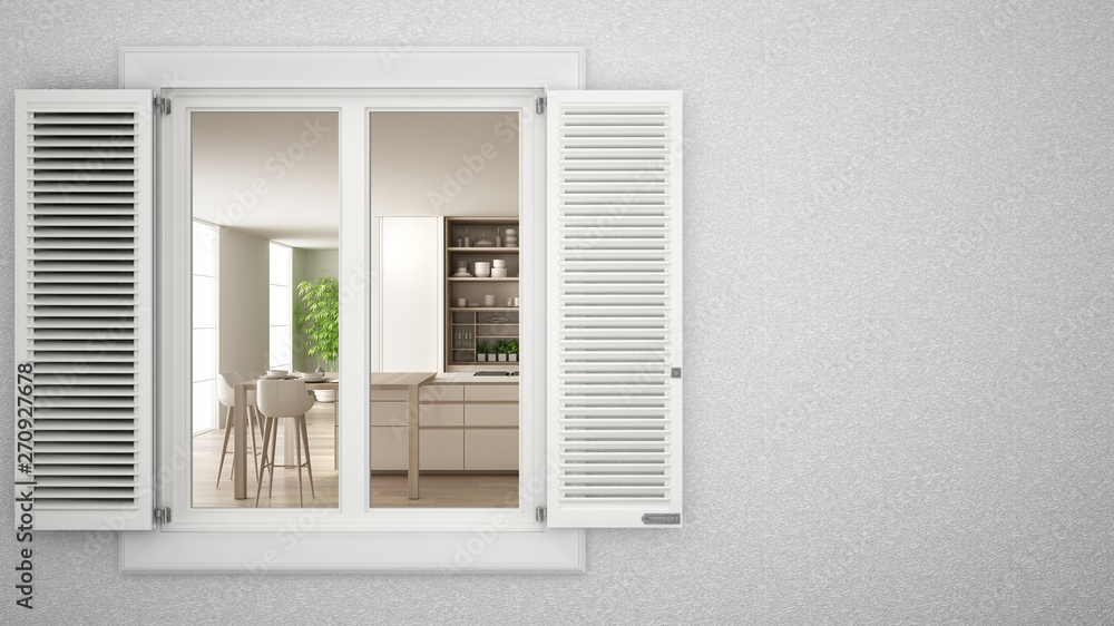 Exterior plaster wall with white window with shutters, showing interior modern kitchen, blank background with copy space, architecture design concept idea, mockup template Exterior plaster wall with white window with shutters, showing interior modern kitchen, blank background with copy space, architecture design concept idea, mockup template