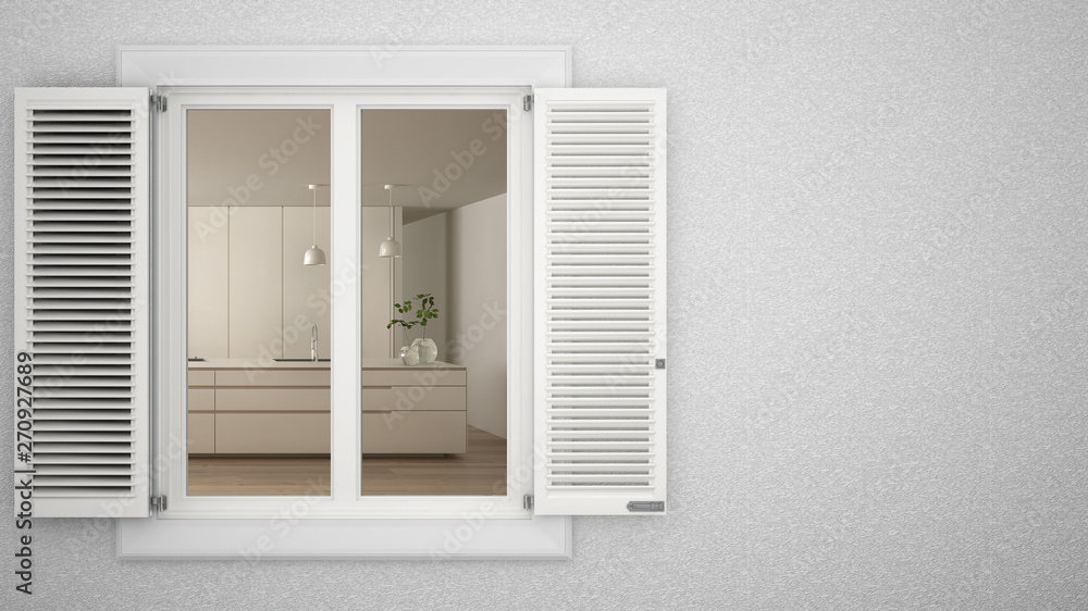 Exterior plaster wall with white window with shutters, showing interior modern kitchen, blank background with copy space, architecture design concept idea, mockup template Exterior plaster wall with white window with shutters, showing interior modern kitchen, blank background with copy space, architecture design concept idea, mockup template