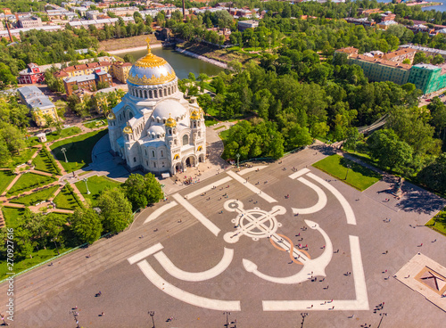 Beautiful top view of Kronshtadt Naval Cathedral of St. Nicholas on a sunny summer day. Built in 1903-1913 as the main church of Russian Navy and dedicated to all fallen seamen. St Petersburg Russia.