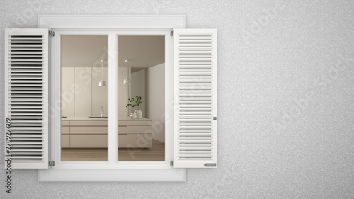 Exterior plaster wall with white window with shutters  showing interior modern kitchen  blank background with copy space  architecture design concept idea  mockup template