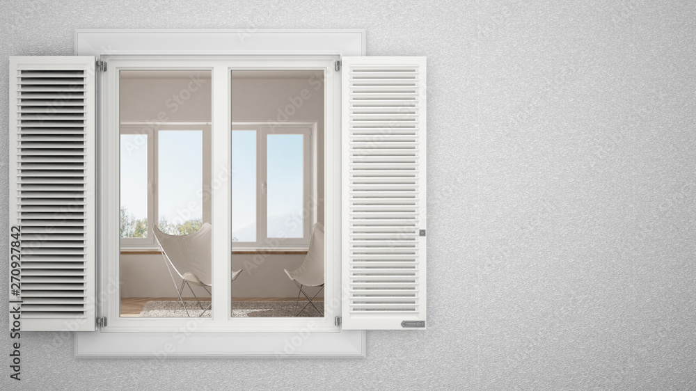 Exterior plaster wall with white window with shutters, showing interior living room, blank background with copy space, architecture design concept idea, mockup template Exterior plaster wall with white window with shutters, showing interior living room, blank background with copy space, architecture design concept idea, mockup template