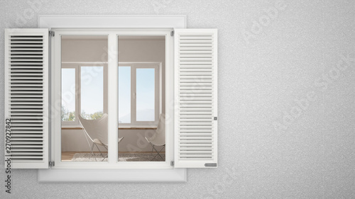 Exterior plaster wall with white window with shutters, showing interior living room, blank background with copy space, architecture design concept idea, mockup template